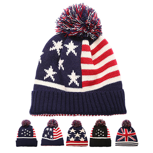 The Hatter American Flag Knit Beanie Pom-Pom Winter Warm Knitted Caps