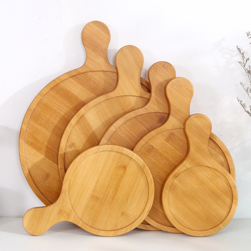 Bamboo Eco-friendly Round Pizza Board Wholesale Popular Round Shape Pizza Serving Board Bamboo Pizza Cutting Peel Tray for Restaurants