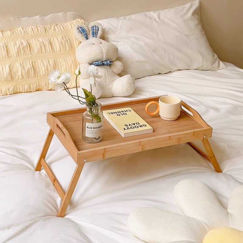 Modern Bamboo Wooden Bed Tray Solid Design Carved Feet Single Tier Folding Dinner Plate Fruit Dish Picnic Table for Living Room