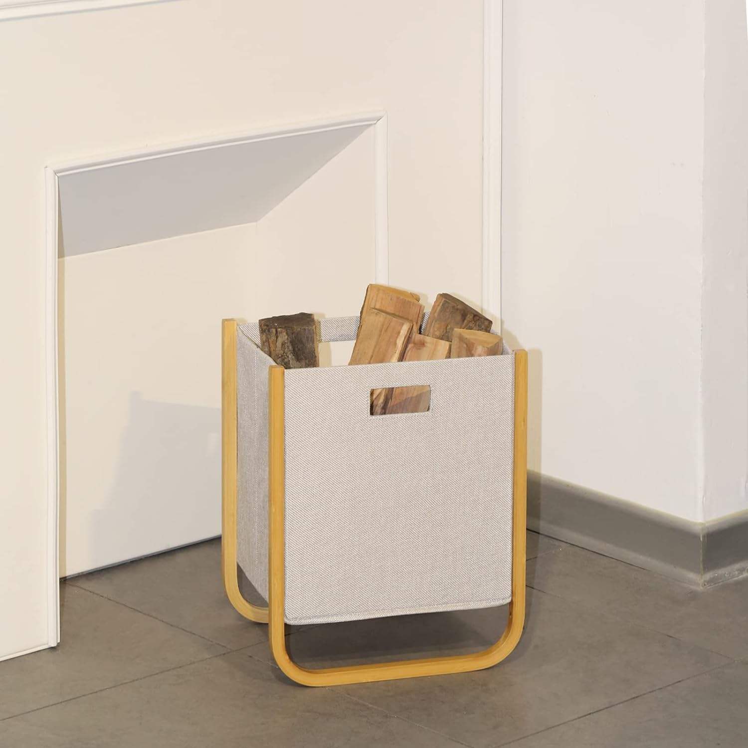 Natural Bamboo Frame and Fabric Portable Thickened Large Capacity Foldable Laundry Basket with Handle