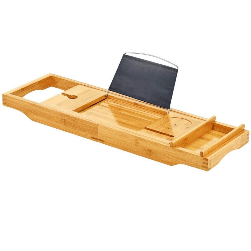 Bamboo Bathtub Caddy Tray with Wine Glass Holder Book Stand Bathroom Bath Caddy Tray Organizer with Extending Sides