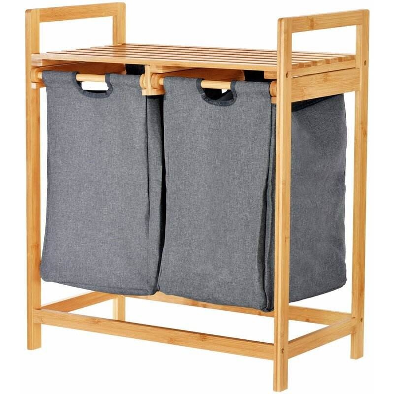 Large Two-Section Foldable Bamboo Laundry Basket with Oxford Shelf Collapsible Home Storage Hamper