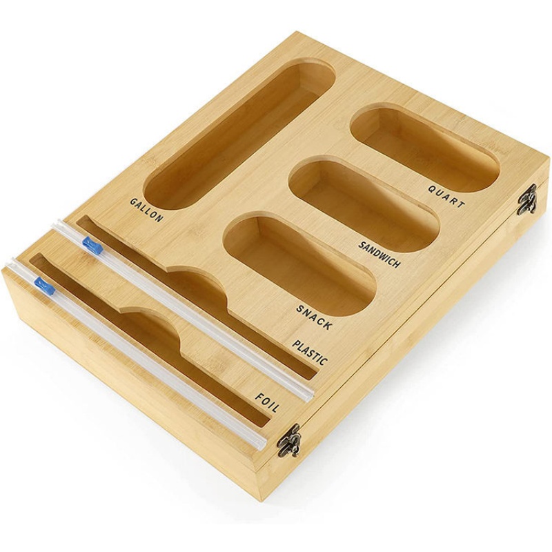 Bamboo Food Ziplock Bag Storage Organizer Dispenser Holder Drawer Container Organizer Baggie Storage for Kitchen