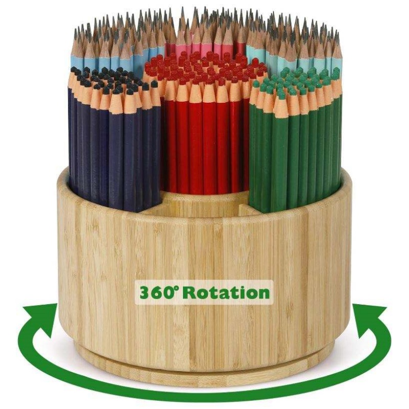 Bamboo Rotating Pencil Holder for Desk Pen Holder Organizer with 7 Compartments, Desktop Storage Caddy for Markers Crayon